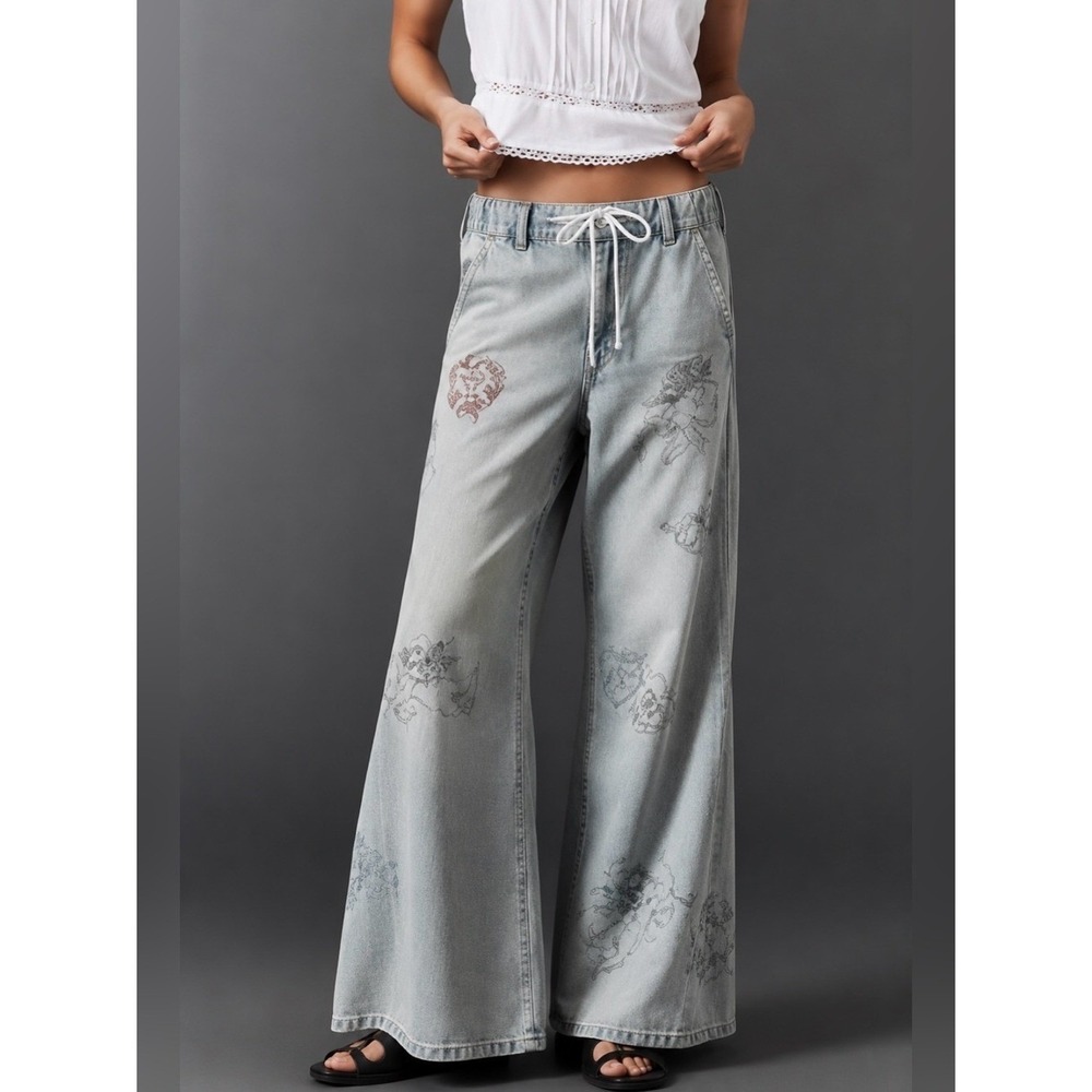 Anthropologie Pilcro Adi Elluna Drawstring Flare Cupid Love Heart Jeans Small